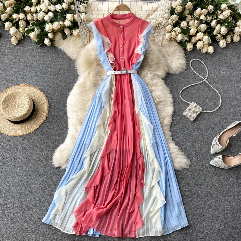 

Banulin 2021 Summer Women Bohemian Long Dress Famale Ruffles Gradient Pleated Chiffon Dress Rainbow Sweet Dress