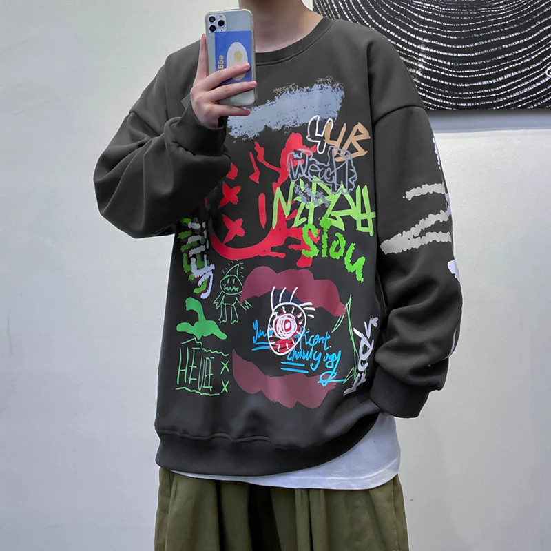 

SingleRoad Mens Crewneck Sweatshirt Men 2021 Graffiti Print Oversized Hip Hop Harajuku Japanese Streetwear Black Sweatshirts Men