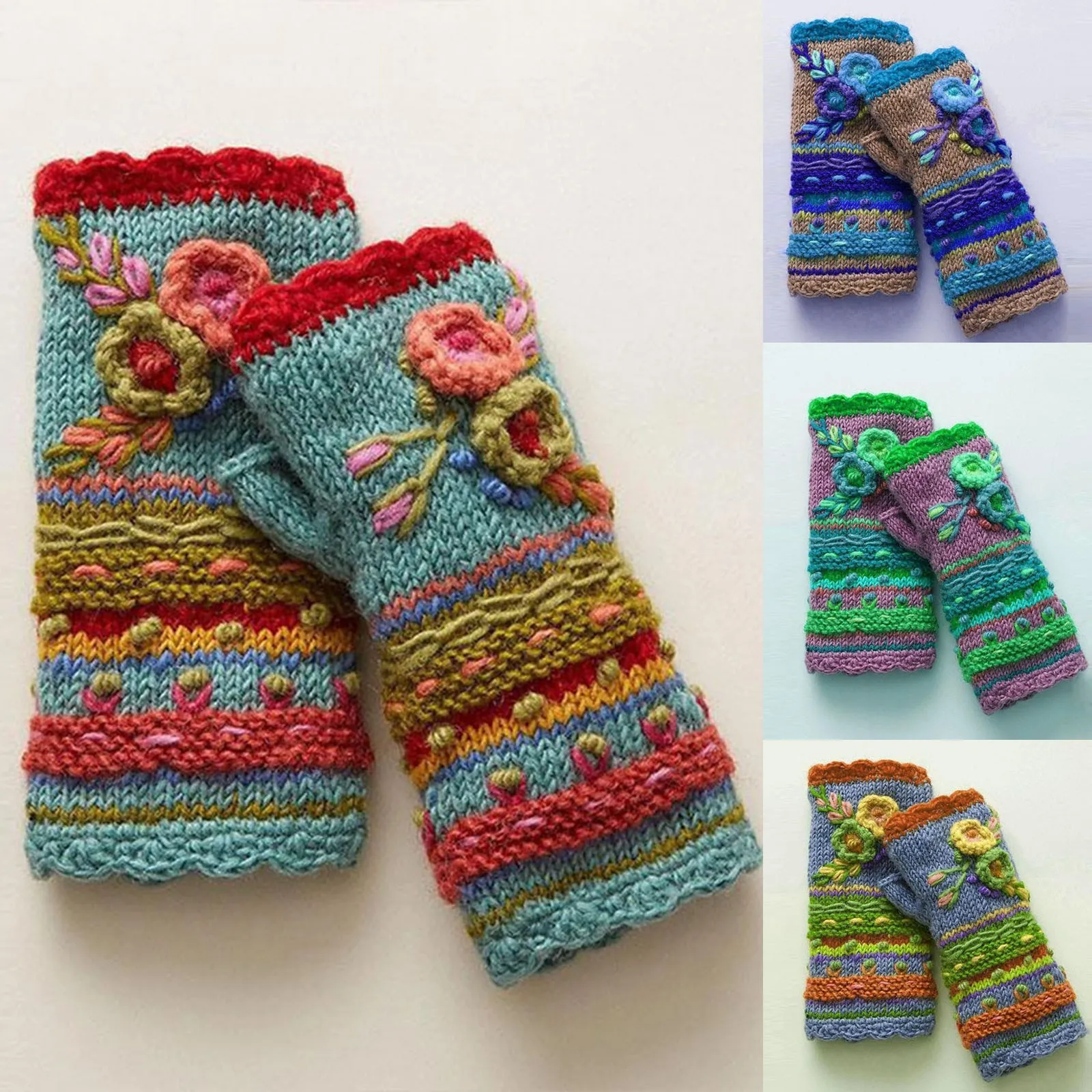 

Womens Winter Warm Gloves Casual Flower Knitting Fingerless Gloves Handwarmers Glove Mittens Without Fingers Cashmere Mittens
