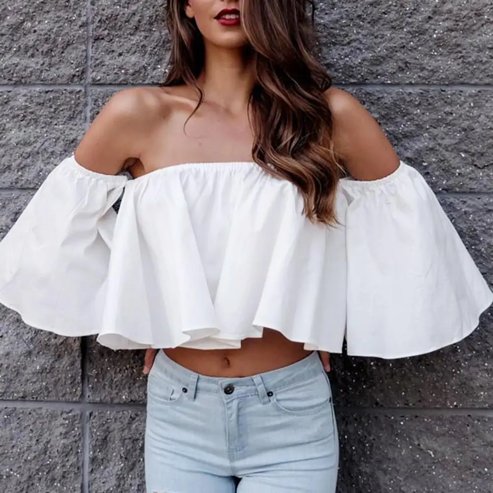 

Fashion 2020 New Summer Women Sexy Solid Color Short Sleeve Strapless Off Shoulder Ruffled Hem Crop Top Blouse Female Clubwear
