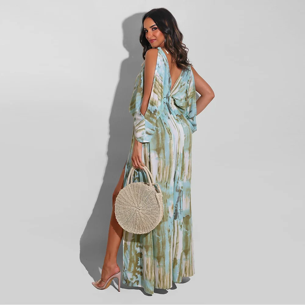 

Women Chic Fashion Print Dress Boho Holiday Long Sleeve Hollow Out Shoulder Female Dresses Backless High Split Dress Vestidos