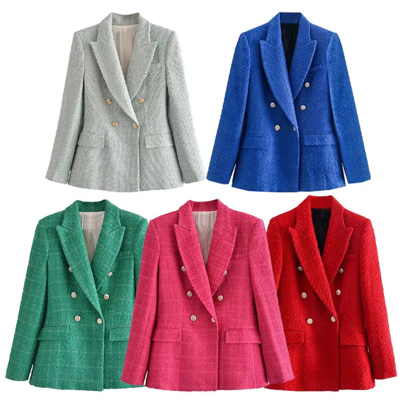 

Женский двубортный твидовый Блейзер Za, винтажный Топ с длинным рукавом, Офисная верхняя одежда, шикарный пиджак, 2021