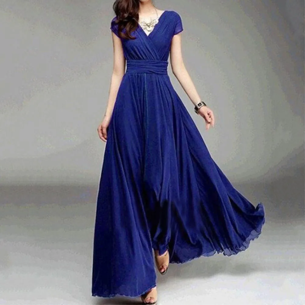 

Plus Size Solid Color Elegant Women Dress Wedding Party Gown V Neck Short Sleeve Slims Fit Maxi Dress Sexy Women Dresses Spring