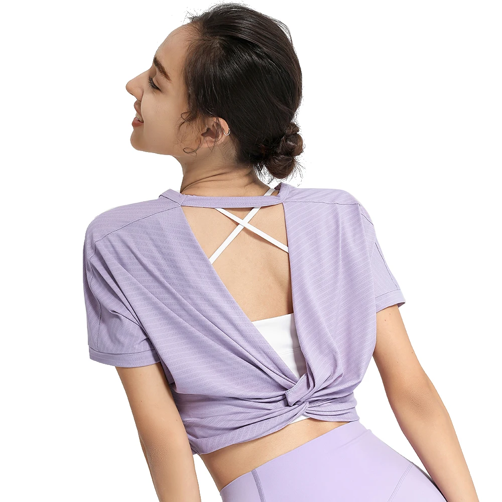 Yoga Shirts Woman Sport Blouse Nylon Breathable Solid Loose Tie a knot Gym Jogging Yoga Workout Short  Blouse Sleeve T-Shirt