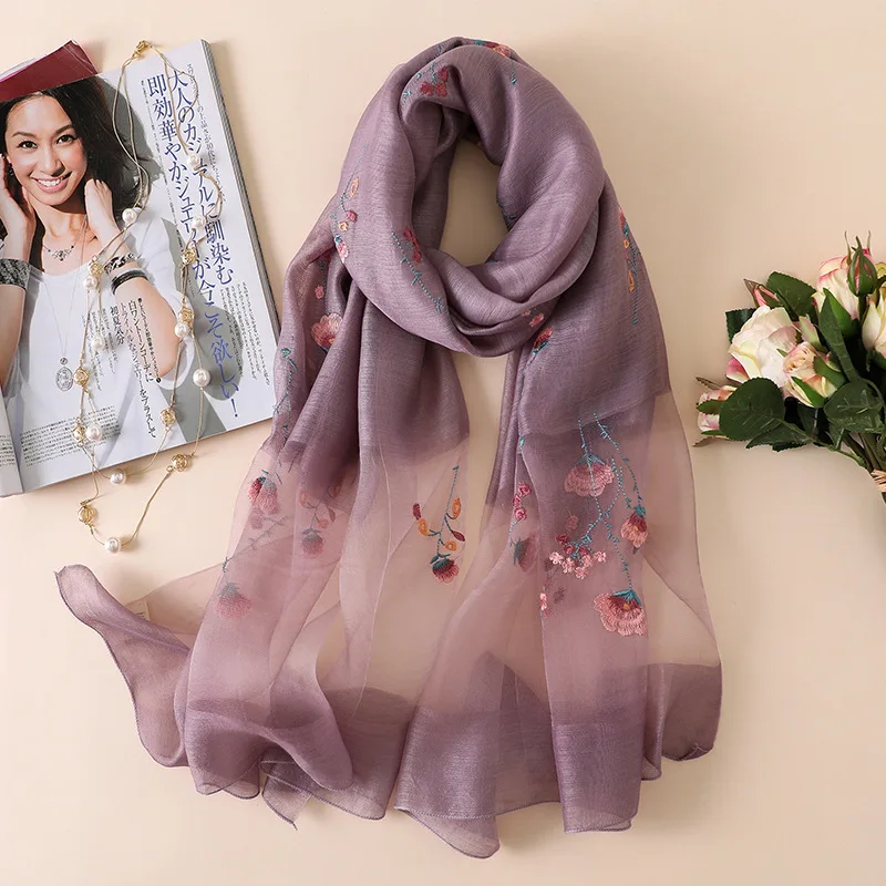 Новинка 2020 Шелковый шерстяной шарф женская элегантная шаль с цветочной вышивкой