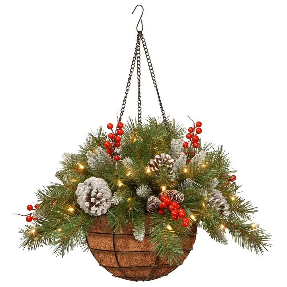 

Artificial Christmas Baskets Christmas Basket With Lights Snow Covered Pine Cones Pine Needles Branches With Red Berry Stems F