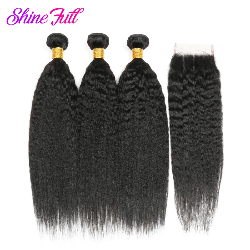 

ShineFull Kinky Straight Peruvian Hair Weave Bundles With Closure Human Hair 3 Bundles With 4*4 Closure Non-Remy Coarse Yaki