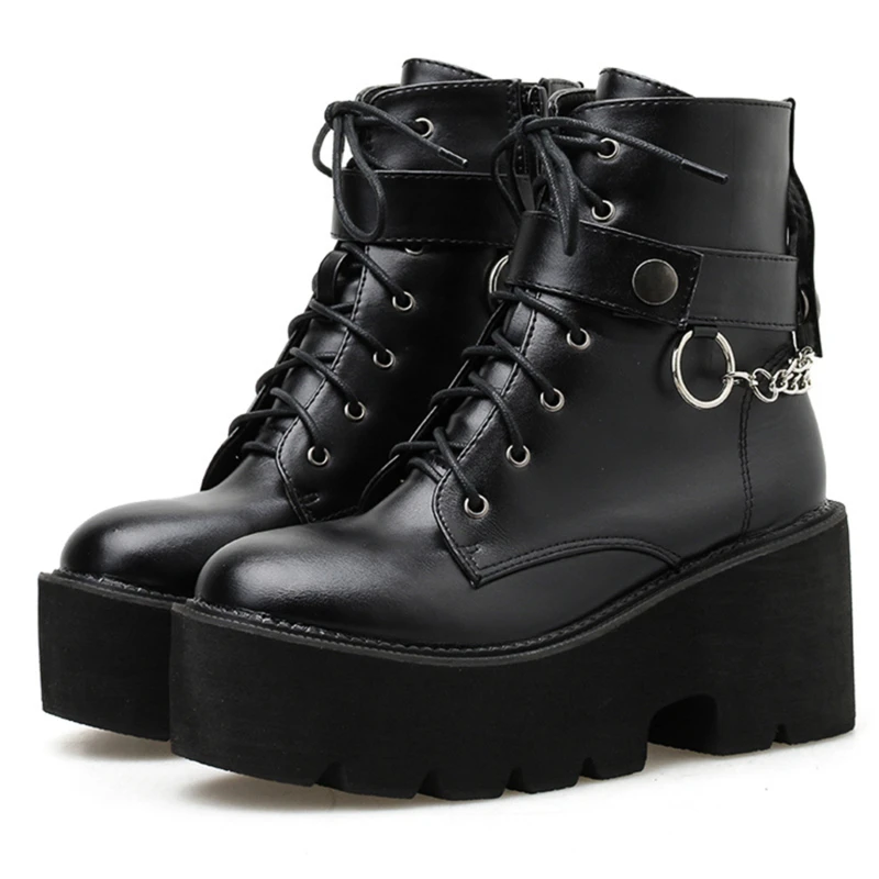 

Women Platform Martin Boots Punk Gothic Woman Shoes Combat Boot Metal Button Female Motorcycle Boot Ladies Black shoes High heel