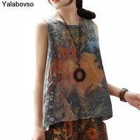 o neck loose color printing tees summer vintage tank tops patchwork casual shirts cotton and line vest for woman a0bz30