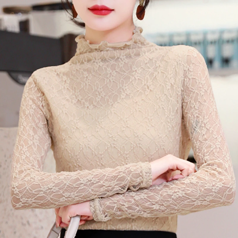 

Fashion Woman Blouses 2021 Spring Long Sleeve Apricot Lace Blouse Women Shirts Turtleneck Blouse Womens Tops And Blouses C401