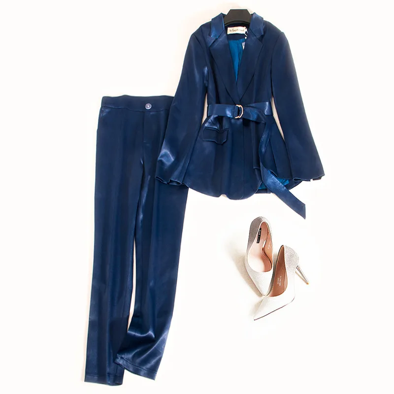 

woman 2 piece sets 2020 spring autumn office ladies work satin solid belt blazers coats + slim pencil pants suit set S-3XL JC281