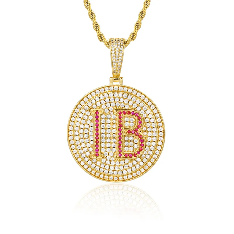 

Fully Iced Out CZ Gold Plated Coin With IB Letters Pendant Necklace Chain Men Hip Hop Rock Jewelry Dropshipping