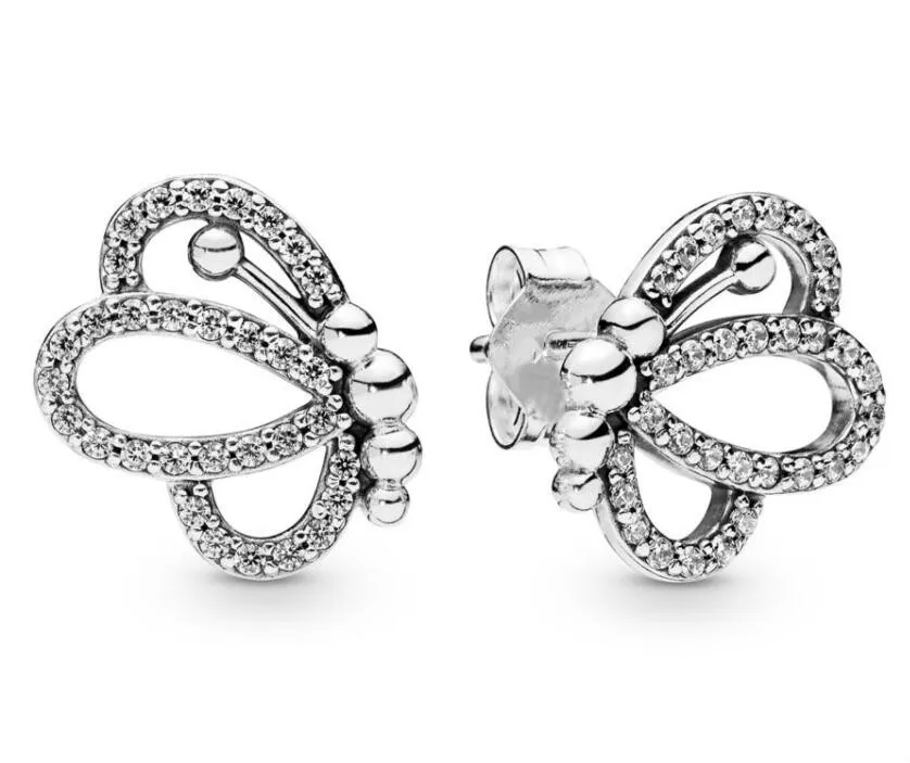 

925 Sterling Silver pan dora Earring Cute Butterfly Outlines Earrings With Crystal For Women Wedding Gift Fashion Jewelry