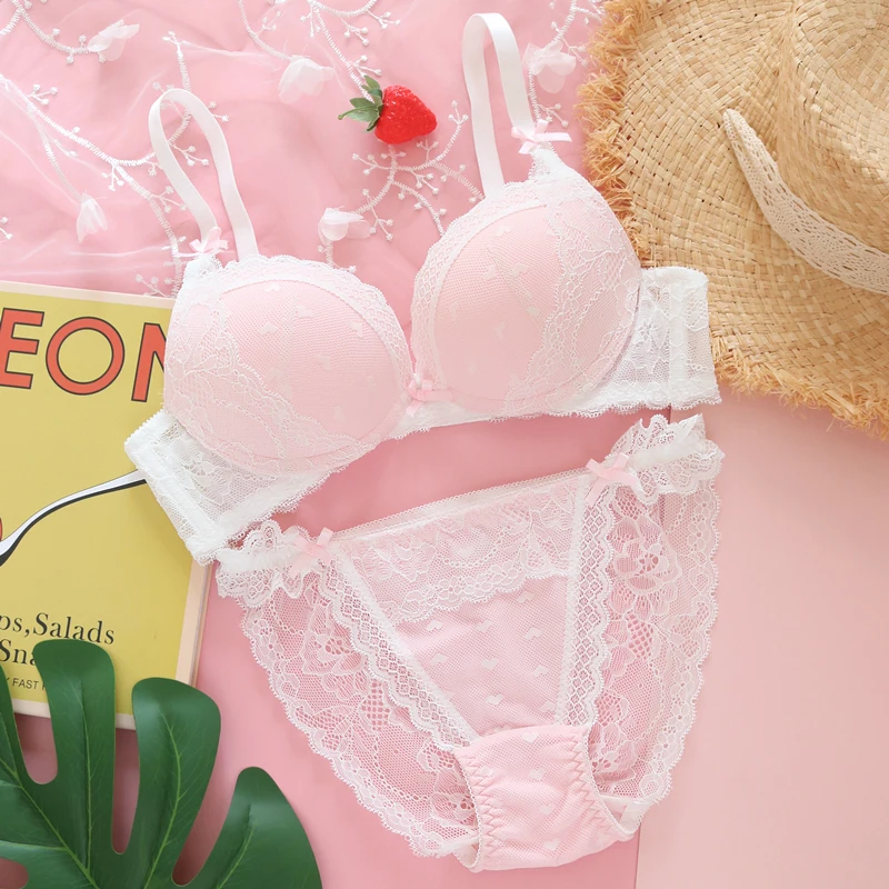 Pink Peach Love Japanese Soft Sister Sweet Lovely Push Up Underwear Set Sexy Young Girl Mesh Lace Bra & Brief Sets Daily Student