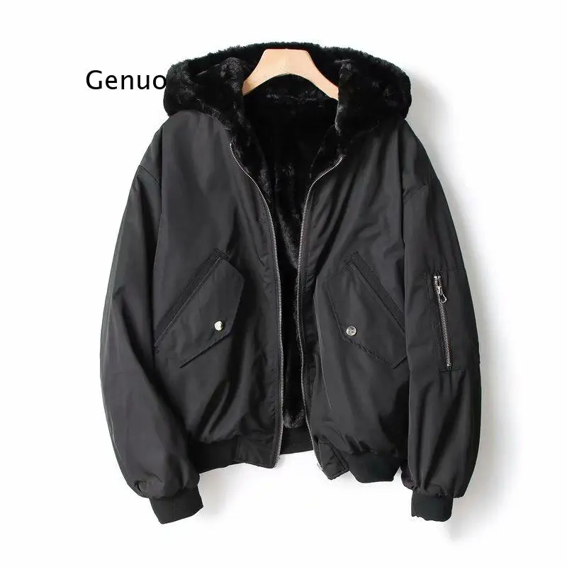 Autumn and Winter European and American Women's Double-Sided Flying Jacket Jacket Thickening Plus Fleece Jacket Cotton