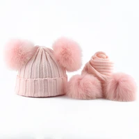 children real fox fur pompom knitting beanie hats scarves set suit baby boys girls hats winter 4 pieces pompom fur hat 2019