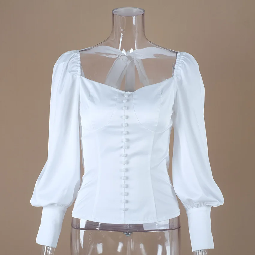 

New Square Collar White Tunic Women Blouse Shirt Female Elegant Autumn Sexy Puff Sleeve Tops Ladies Office Button Blouses Casual