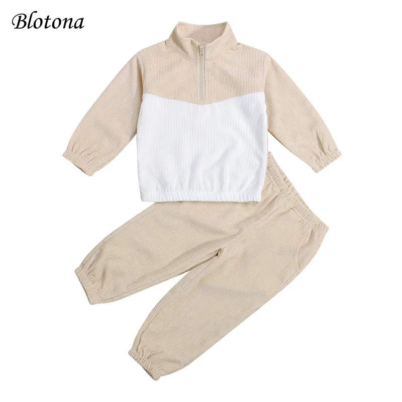 

Модный свитер и брюки Blotona для маленьких мальчиков и девочек, цветные блоки с карманами, украшение на молнии, Весенняя фотография