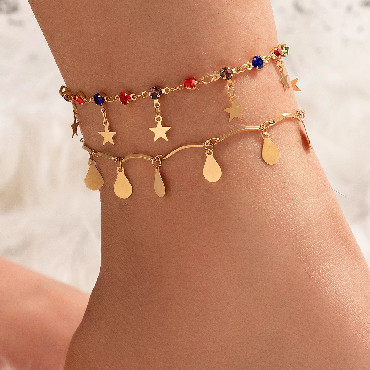 

docona 2pcs/set Luxury Colorful Crystal Star Tassel Anklets for Women Bohe Geometry Water Drop Layered Foot Chains Jewelry 20961