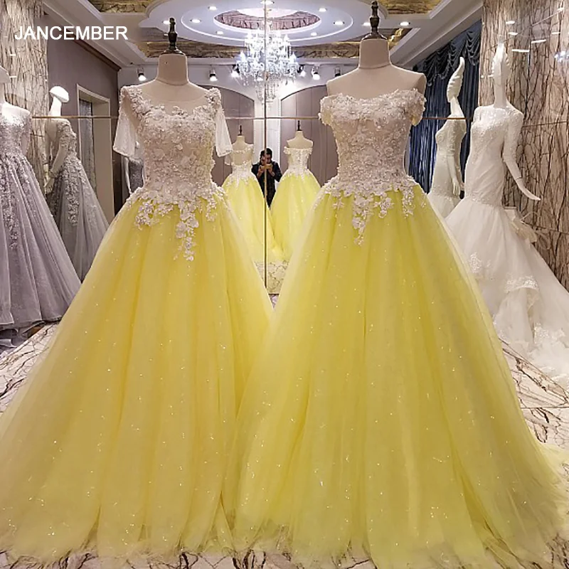 LS99063 желтое вечернее платье с корсетом сзади из тюля бусинами а силуэта милое
