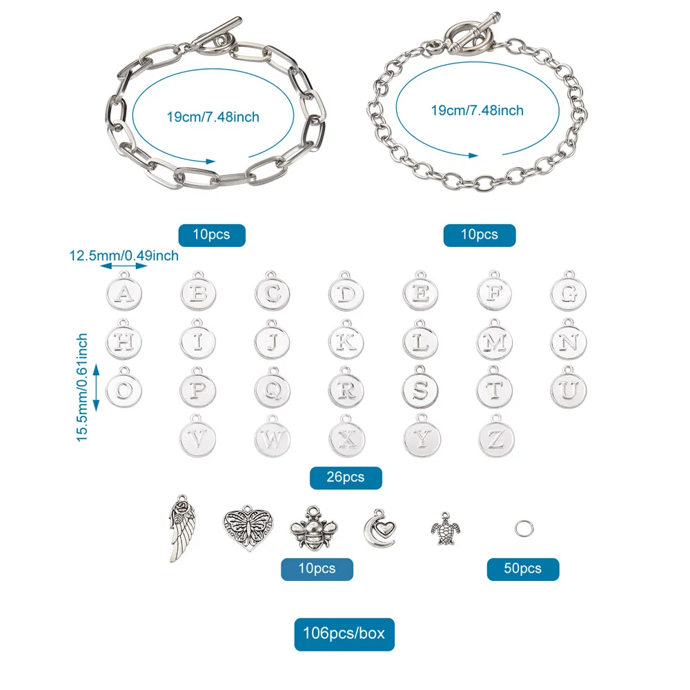 

106Pcs Antique Silver Alloy Bracelet DIY Making Kits With Chain Paperclip Pendants Charms Jump Rings Punk Handmade Jewelry Sets
