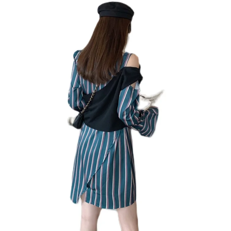 

COIGARSAM Striped Women dress Patchwork Full Sleeve Dresses Blue Stripes 5200
