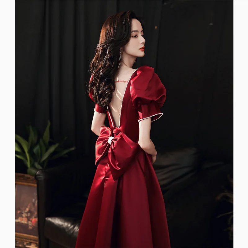 

Женское винтажное атласное вечернее платье-Ципао, бордовое элегантное банкетное платье для выпускного вечера, платье принцессы, сексуальн...