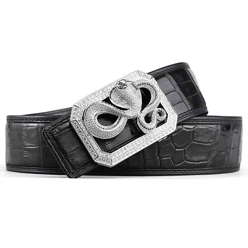 cobra black McParko Crocodile Belt Mens Leather Belts With Buckle Luxury Animal Design Genuine Leather Waist Belt with rhinestones Buckle - Цвет: cobra black