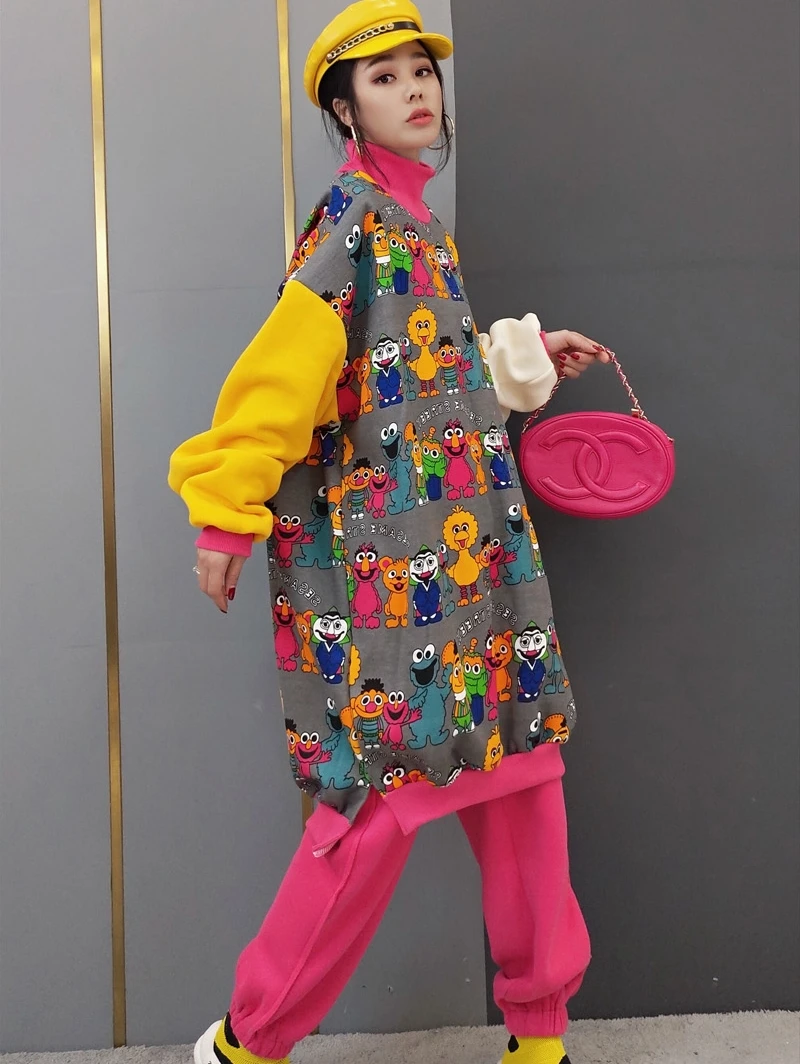 

Костюм женский из двух предметов, модный костюм в Корейском стиле, свободная Длинная толстовка и повседневные брюки, Осень-зима