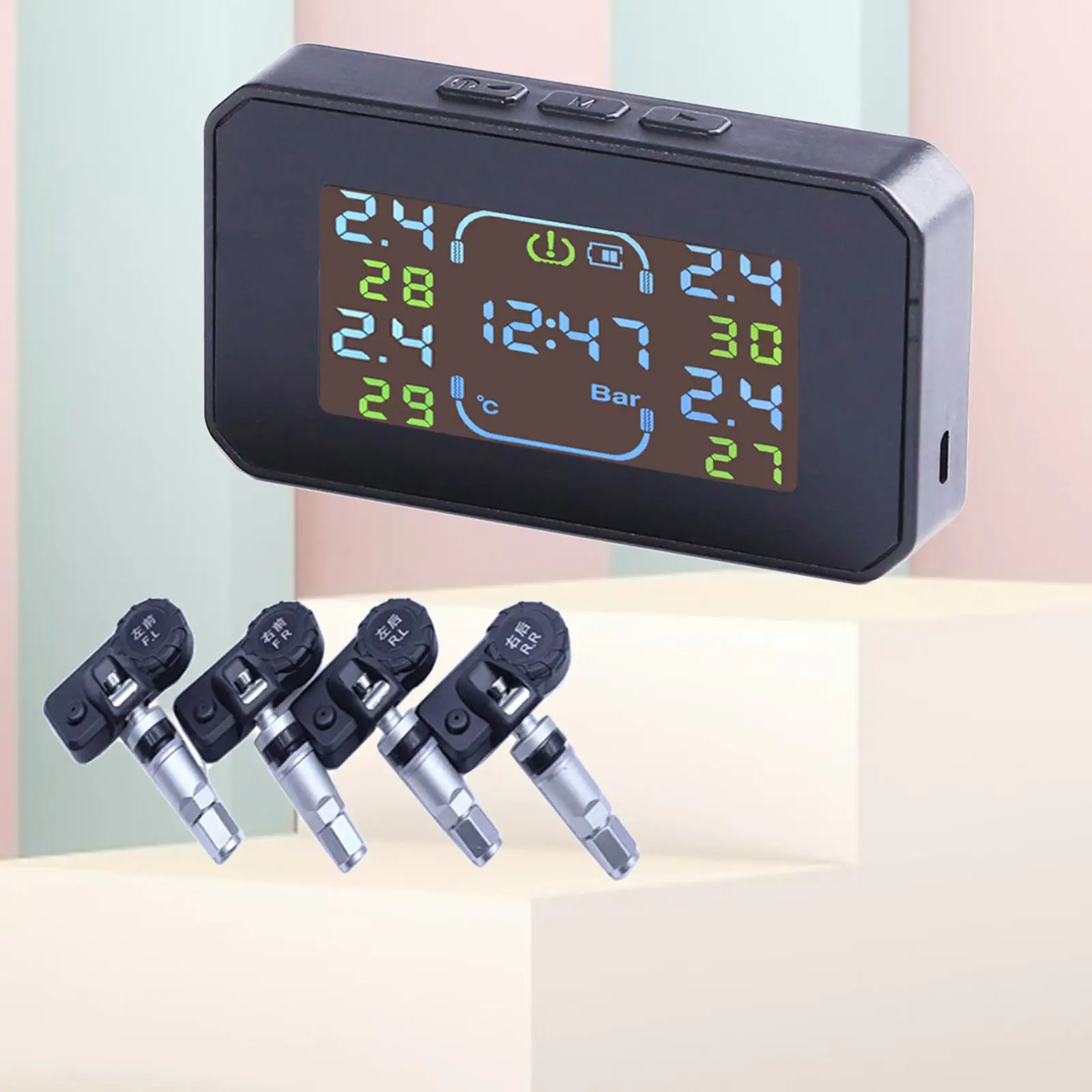 

Car Solar/USB Tire Pressure Monitoring System w/ 4 External Sensor TPMS Monitor Time Diaplay Alarm Modes