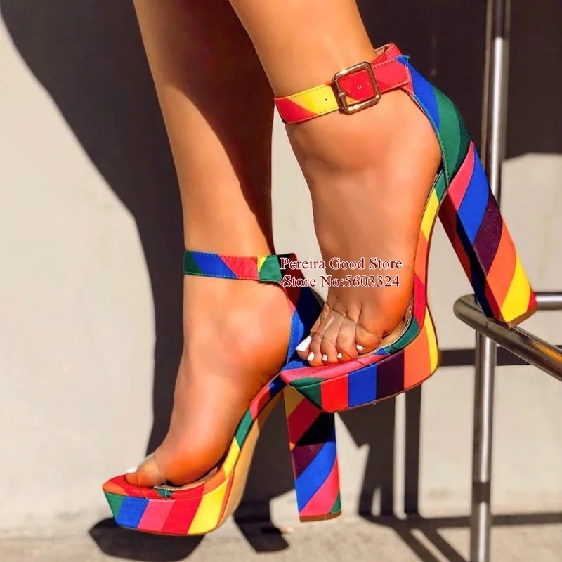 

Newest Rainbow Striped Chunky High Heels Sandals Peep Toe Clear PVC Strap Summer Shoes High Platform Gladiator Sandals Drop Ship