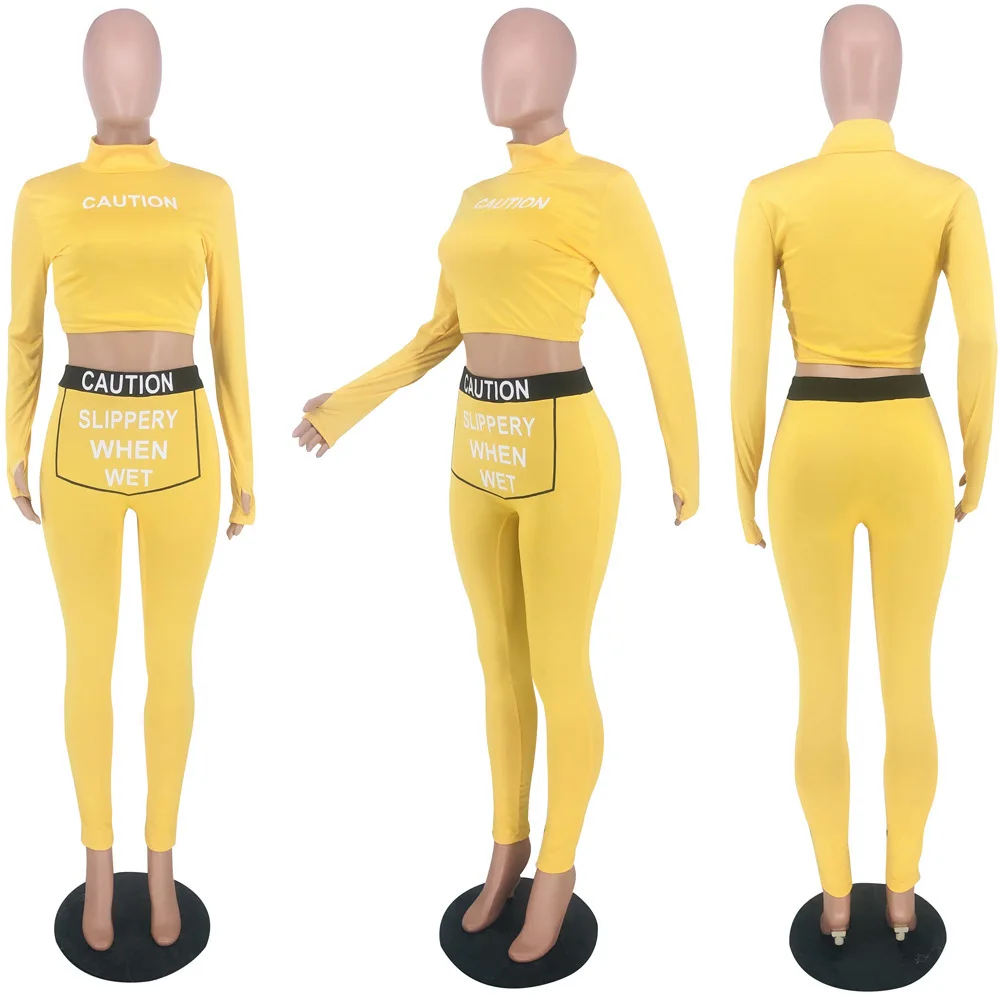 

Casual Sporty Active Wear Letter Print Two Piece Tracksuit Women's Set Turtleneck Long Sleeve Crop Top and Slim Fit Legging Suit