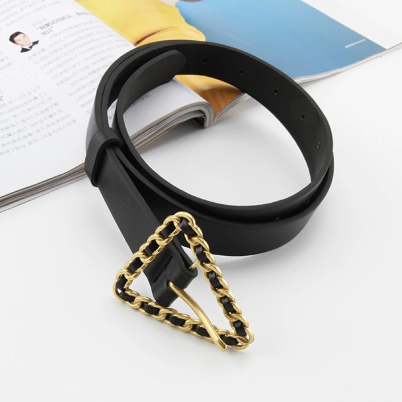 

Luxury belt black PU leather belts for women gold triangle buckle all match jeans cinturon mujer designer long ceinture 2020