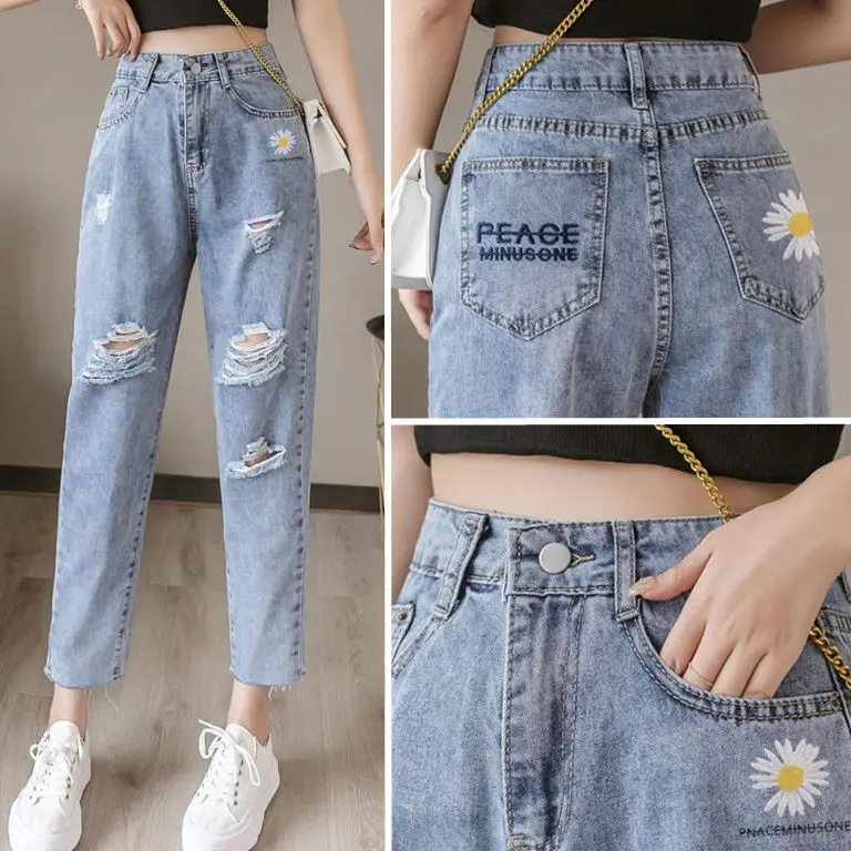 

Embroidered Daisy Hole Jeans Women Loose Capris Summer High Waist Straight Pants BF Fashion Casual Harajuku Oversizec Trousers