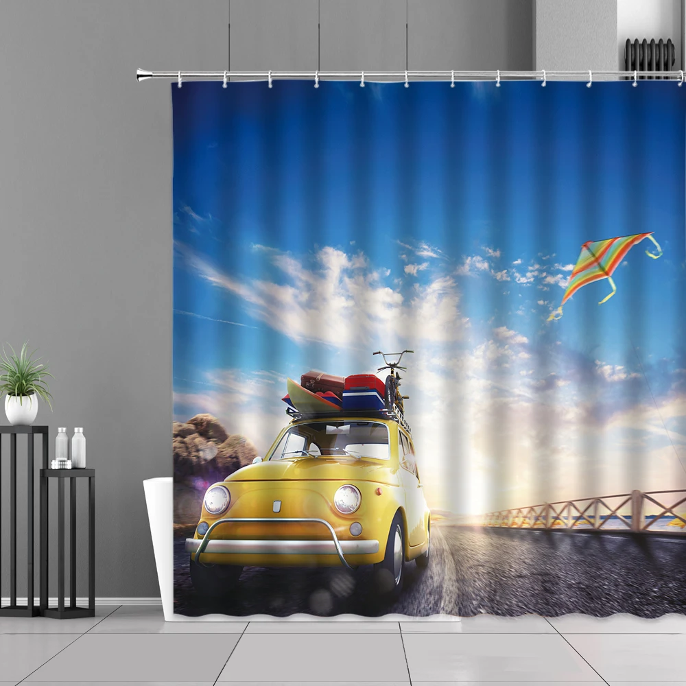 

Автомобильная душевая занавеска для путешествий в стиле ретро, штора из полиэстера с крючками для украшения дома