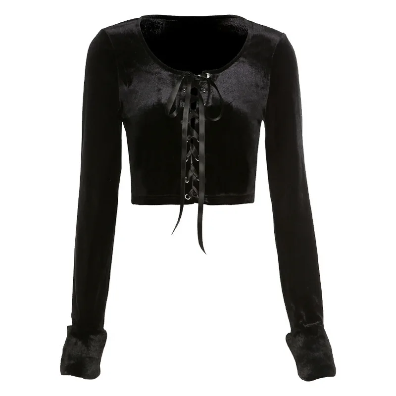 

European and American Style Women's New Long-sleeved U-neck Tie Cardigan with Navel Exposed Trendy Fashion All-match Slim T-shir