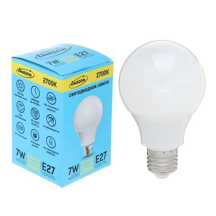 Лампа светодиодная Luazon Lighting А60 7 Вт E27 2700 К AL радиатор теплый белый 1489116 | Лампы и