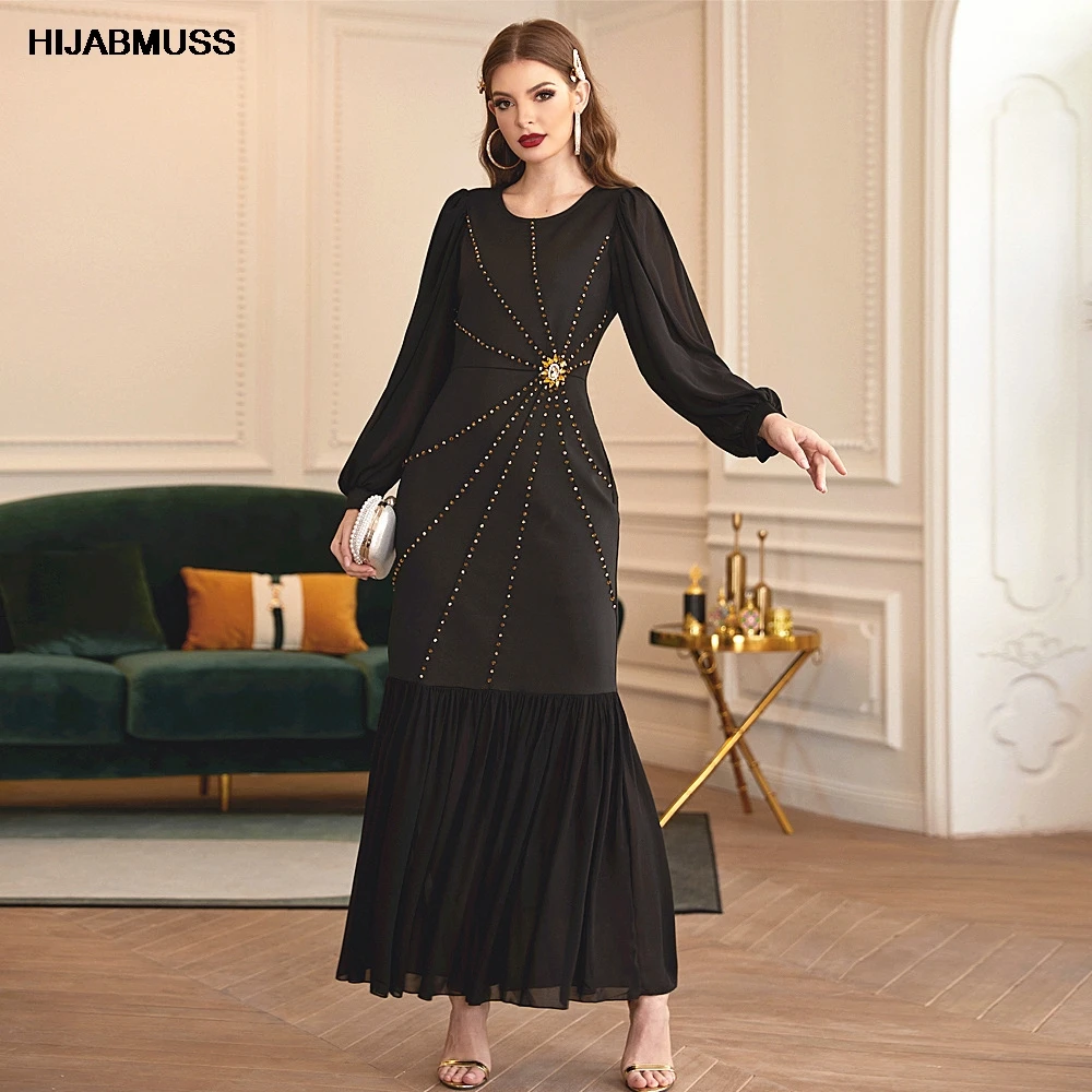 

2021 Middle East Abaya New Four Seasons Black Stretch Slim Big Lantern Sleeve Inlaid Diamond Dress Ma'am Muslim Long Skirt