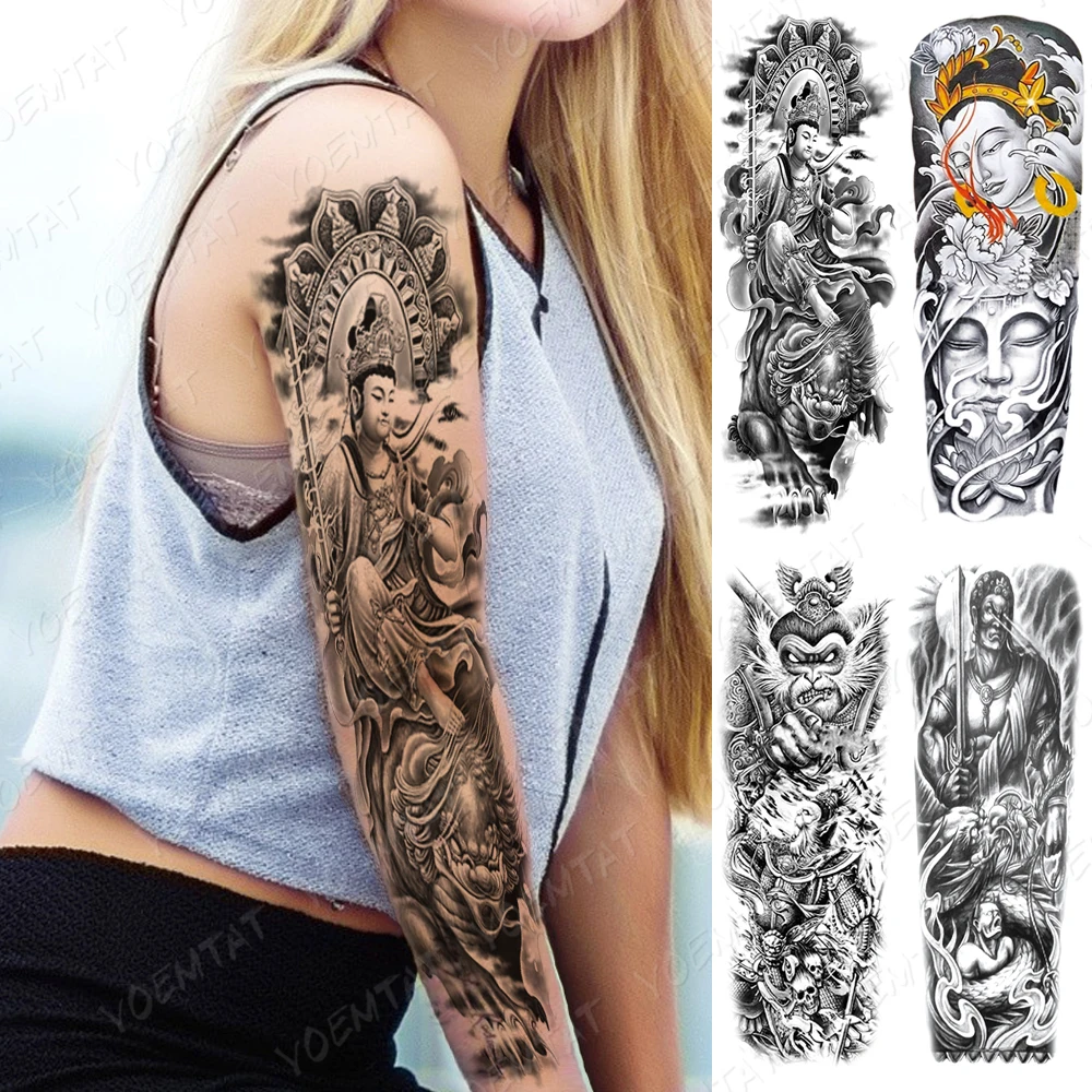 

Waterproof Temporary Large Arm Sleeve Tattoo Sticker Buddhist Holy Bodhisattva Lotus Flash Tattoos Women Body Art Fake Tatto Man