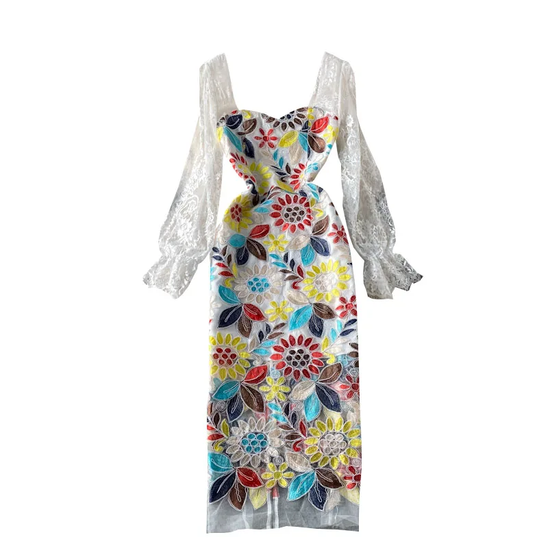 

fashion new light ripe wind aristocratic temperament accept waist show thin square collar lace embroidery split dress