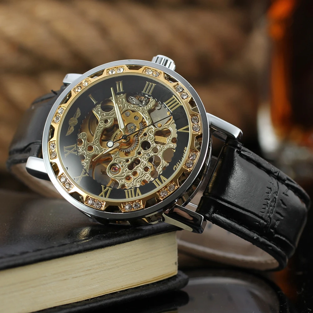 

T-Winner Fashion Wristwatches Men's Roman Caring Skeleton Hand-wind Mechanical Watches Leather Gift Box Free Ship