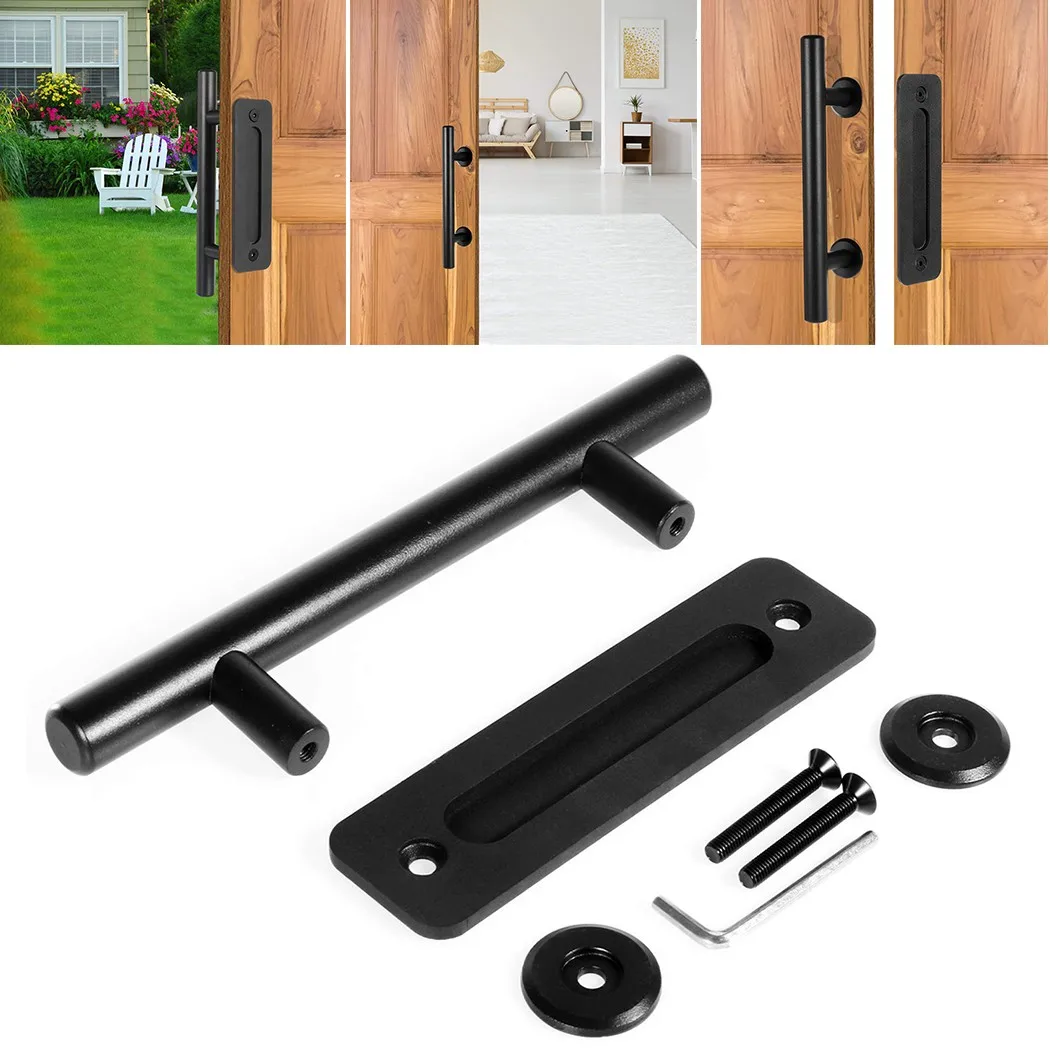 

12Inch Barn Door Handle Pull Flush Recessed Handle Set Carbon/Stainless Steel Hardware for Sliding Wood Door Interior Door