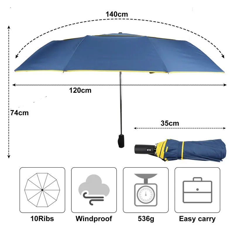 Высококачественный автоматический двойной большой зонт 120 см от дождя для женщин