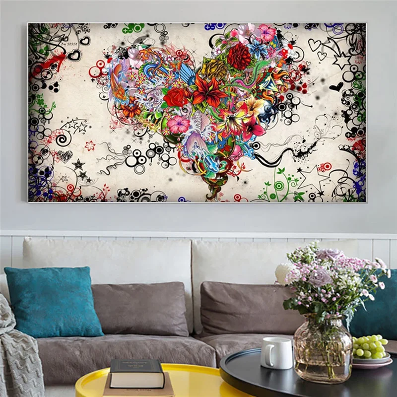 

Abstract Colorful Heart Flowers Picture Print Love Canvas Painting Posters and Prints Wall Art Pictures Cuadros for Living Room