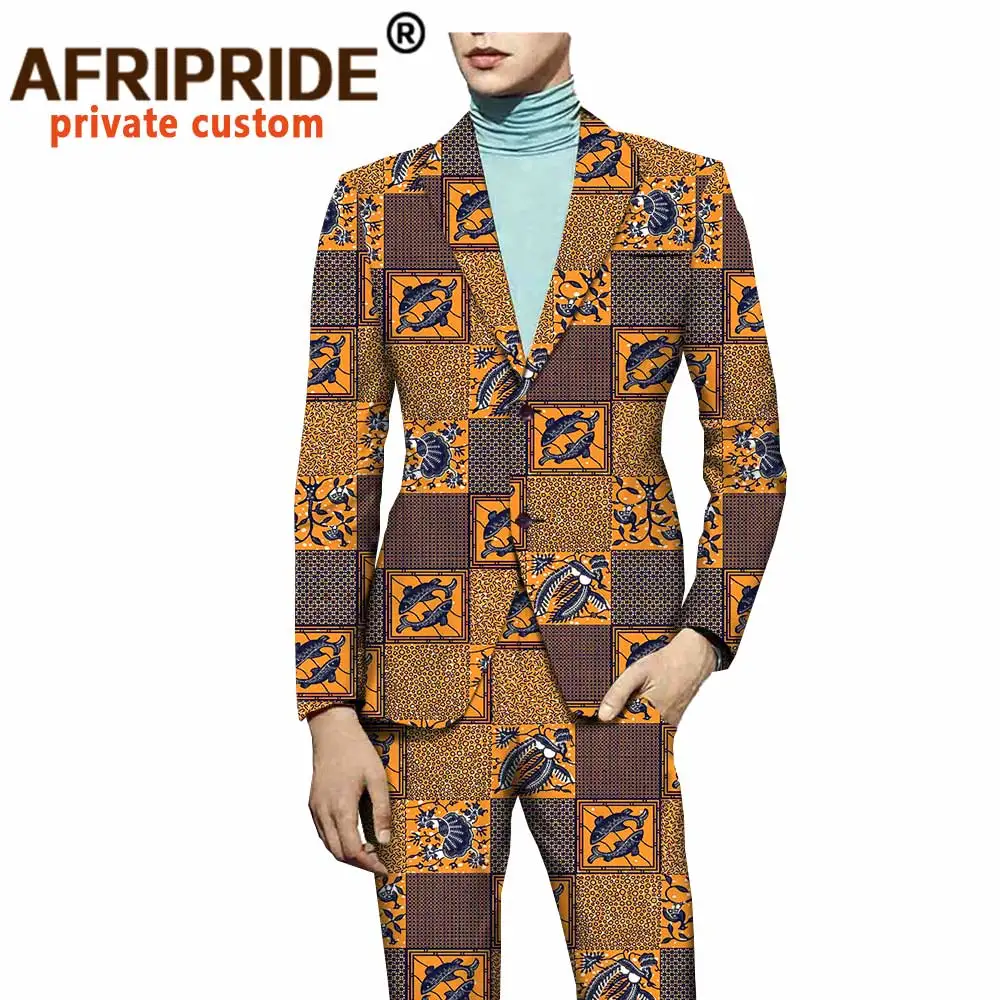 African suit for men dashiki coats and print pants 2 piece set 2 button slim fit jacket outwear trousers outfits formal A731601
