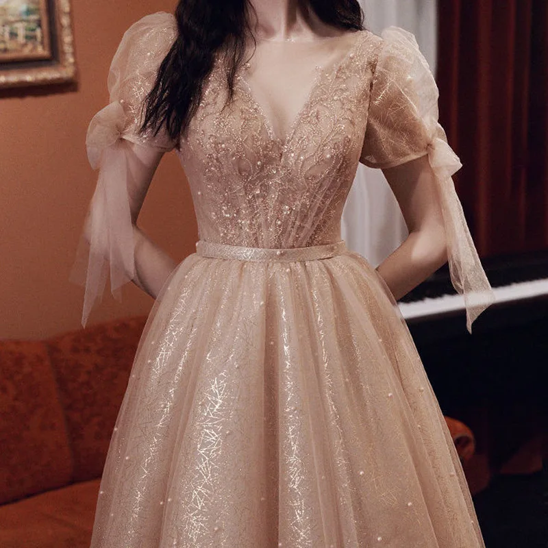 

Pearls Beading Tulle Party Dresses Vintage Royal Elegant Bandage Long Evening Dress Celebration Party Gowns Vestidos