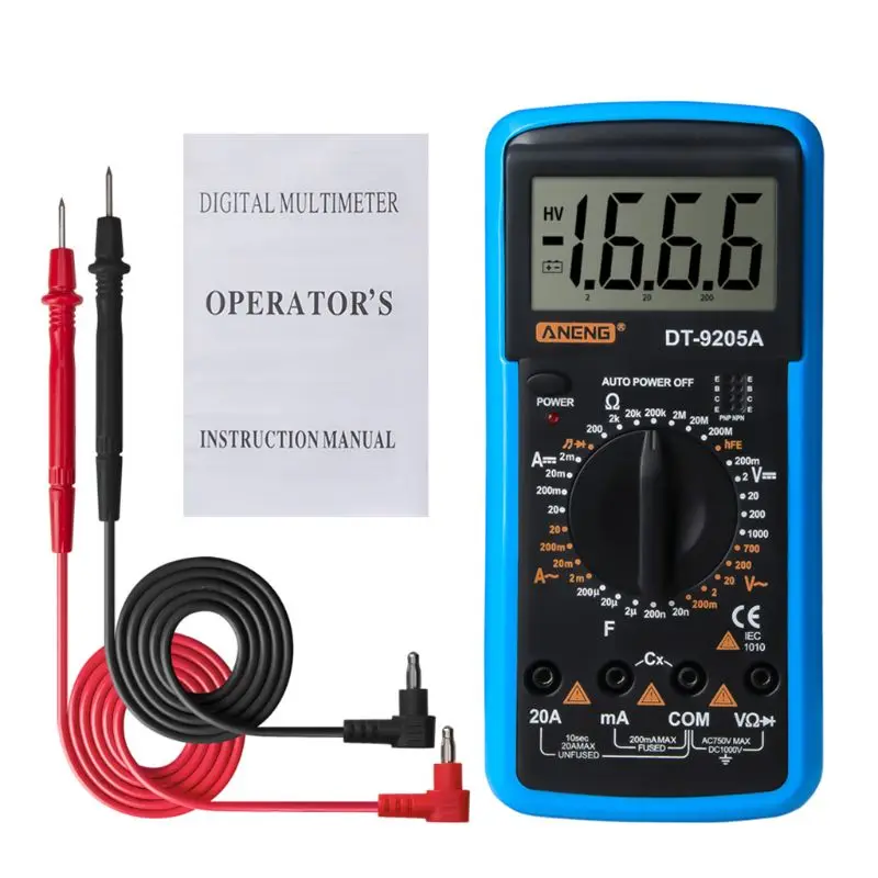 DT9205A Цифровой мультиметр hFE AC DC Триод диод сопротивление Amp электрический тестер