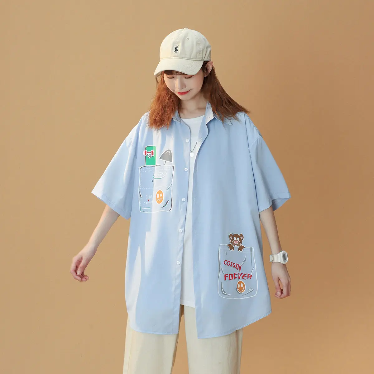 

T-shirt Men's Blouses Blue 2021 Short Sleeve Women's Unisex Summer Pocket Bear Print Student Couple Dress Loose The New