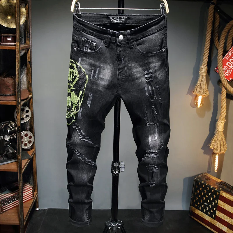 Мужские облегающие эластичные джинсы PP Wash, модные повседневные Черные Изношенные джинсы со средней талией и маленькими штанинами