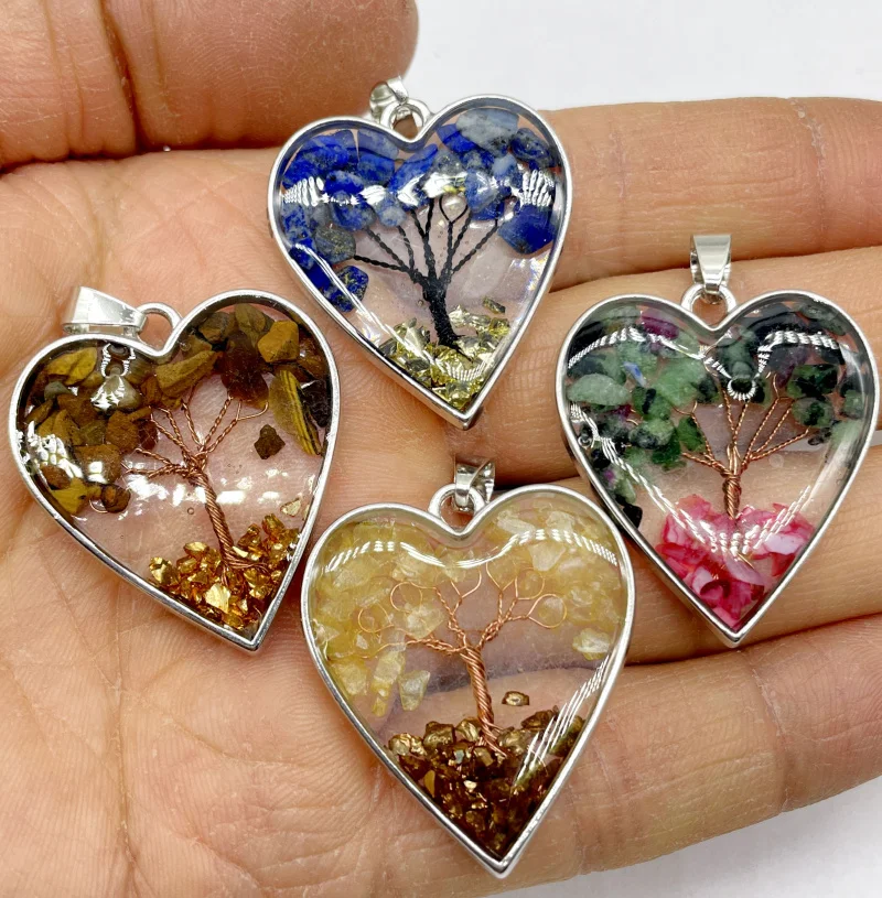 Natural Gem Stone Quartz Crystal 7 Chakra Resin Life Tree Heart Pendant charms For DIY Jewelry Making Necklace Accessories 10Pcs